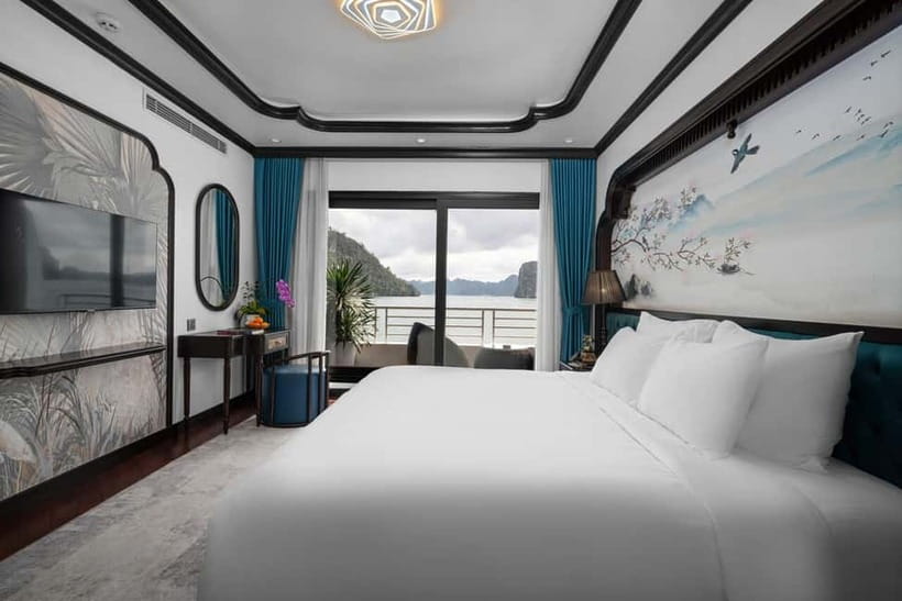 2D1N Halong Bay 6-Star Cruise: Fine Dining, Cave & Kayaking - Your suite setup, private balcony and bathtub