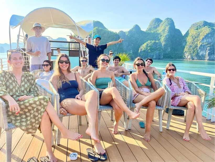 From Hanoi/Cat Ba: Lan Ha Bay Day Trip with Cruise and Lunch - Top deck downtime and the sunset party with tea, fruit, and cookies