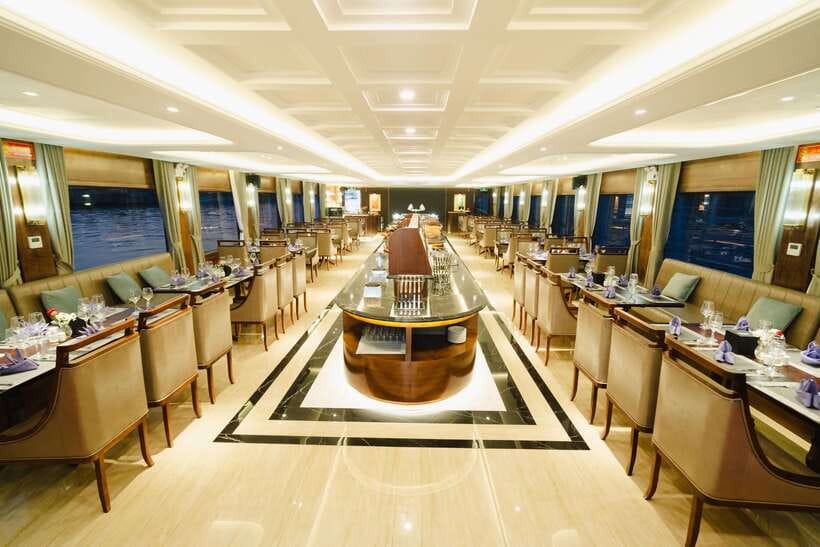 Halong bay day tour: Best seller IRIS CRUISE with live band - Food on Board: Seafood Buffet Lunch Plus Sunset Canapés